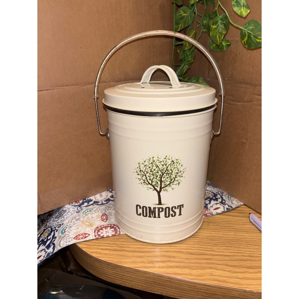 Cream Metal Countertop Compost Bin with Removable Liner and Charcoal Filter